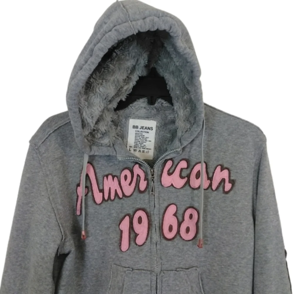 BB Jeans Cotton Collection Gray Fuzzy Soft American 68 Zipper Sweater Hoodie Top